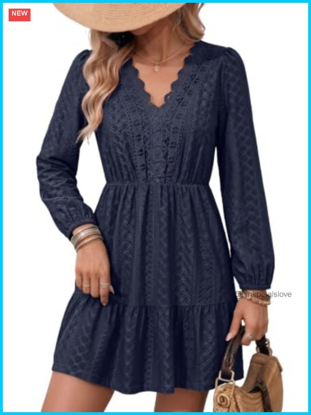 Womens Lace Hollow Out Embroidered V Neck Long Sleeve Mini Dress